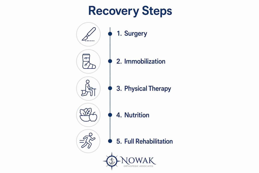 Infographic showing triceps tendon repair recovery steps