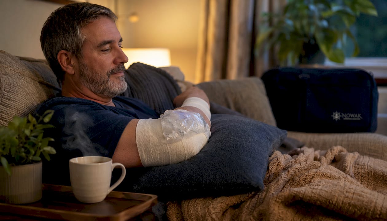 Patient elevating elbow with ice pack in therapy room