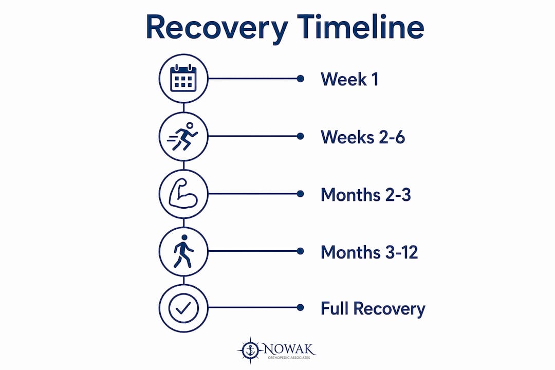 Infographic showing steps of elbow surgery recovery timeline