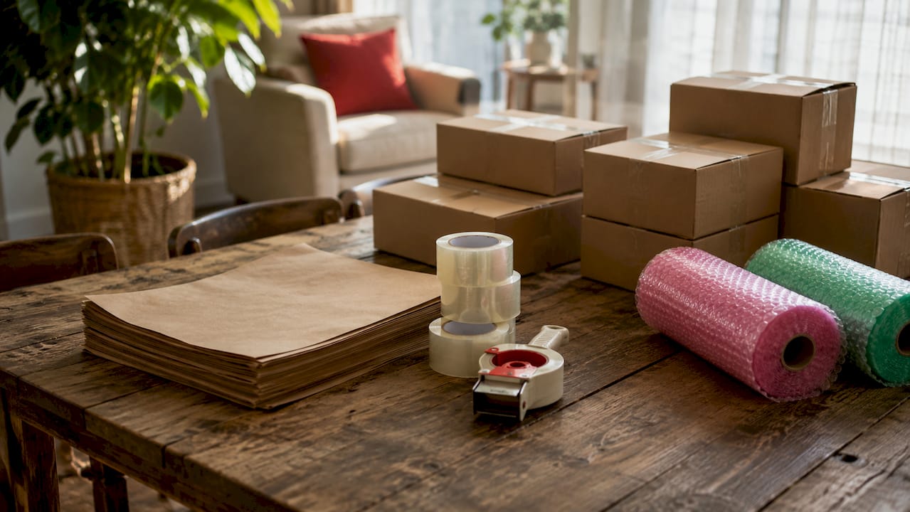 Packing supplies neatly laid out on table
