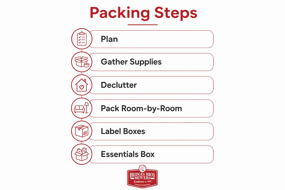 Infographic illustrating packing steps from planning to essentials box