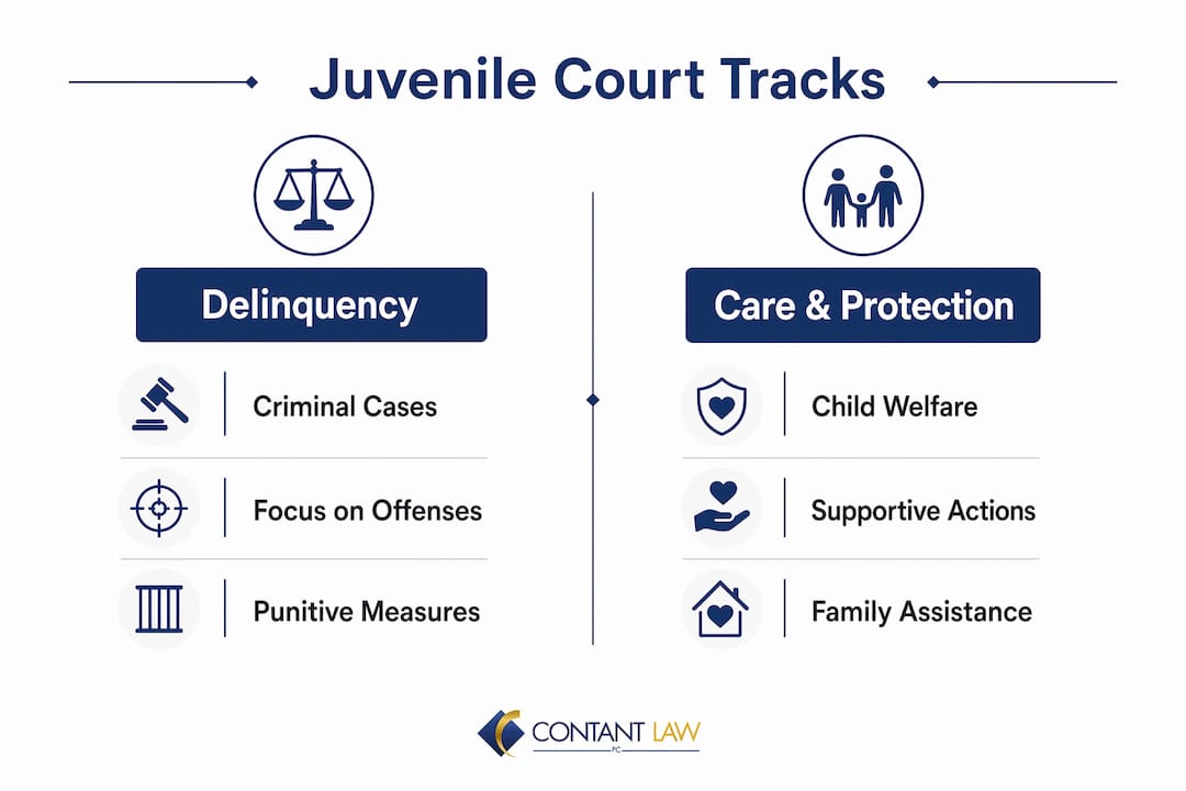 Infographic comparing juvenile delinquency and care protection tracks