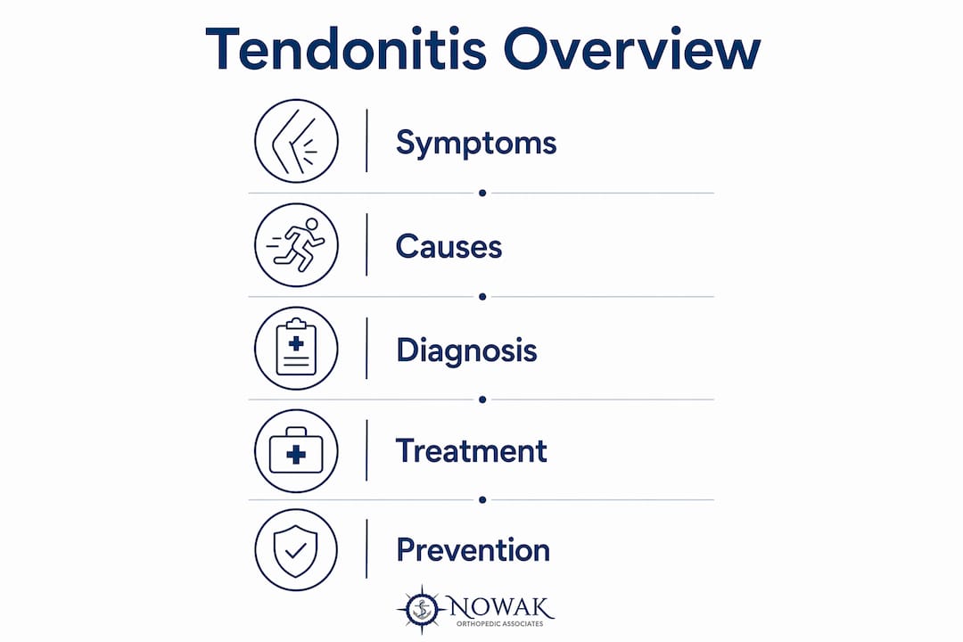 Infographic showing tendonitis symptoms, causes, diagnosis, treatment, prevention