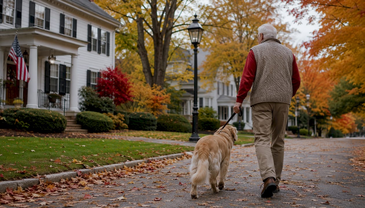 Autumn street scene in New Hampshire neighborhood with walker and dog