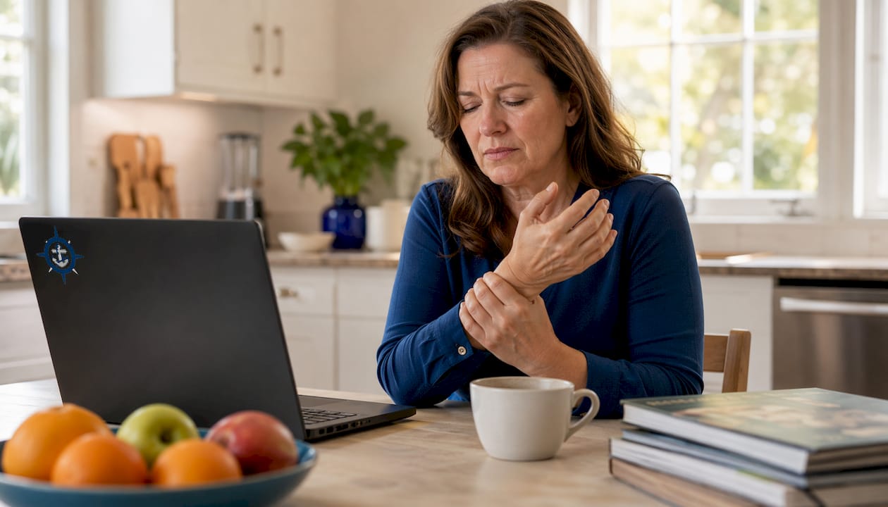 Woman holding wrist in discomfort while typing