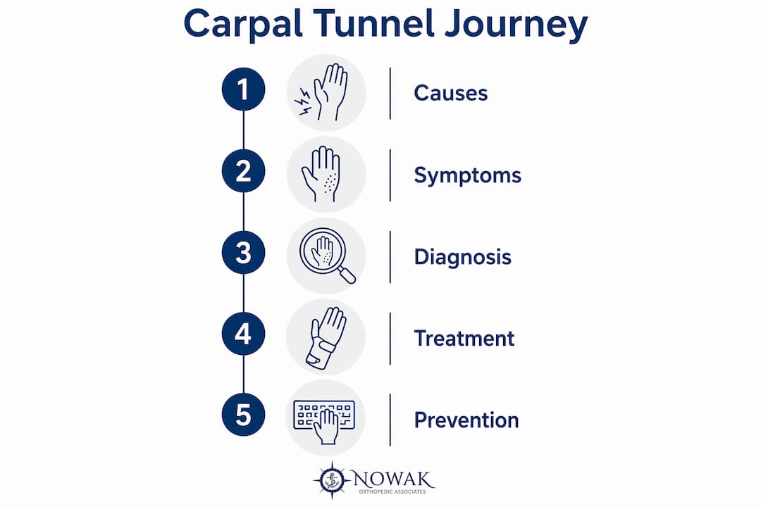 Infographic showing carpal tunnel syndrome overview and steps