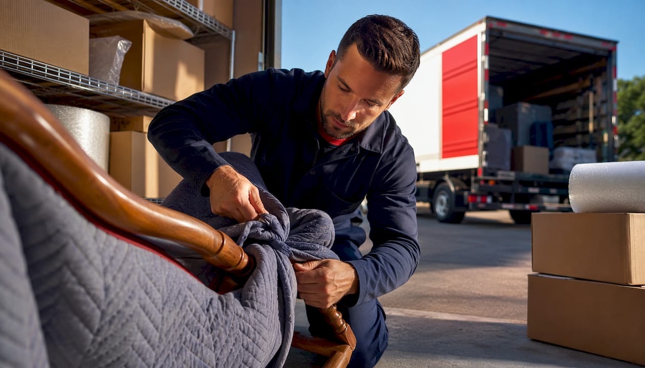 Mover wrapping chair leg with protective blanket