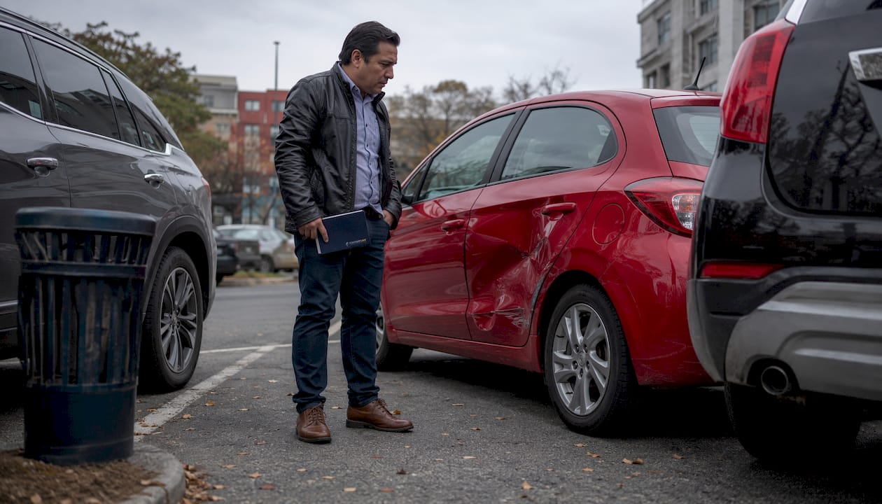 Man inspecting parking lot car damage