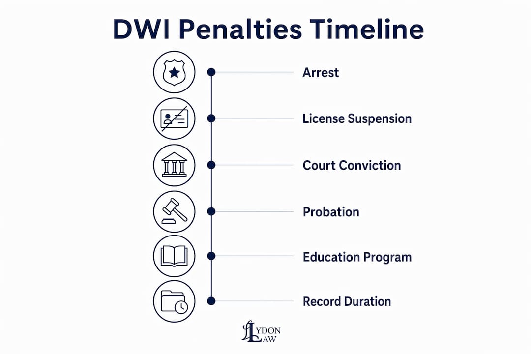 Infographic showing first-offense DWI penalties timeline