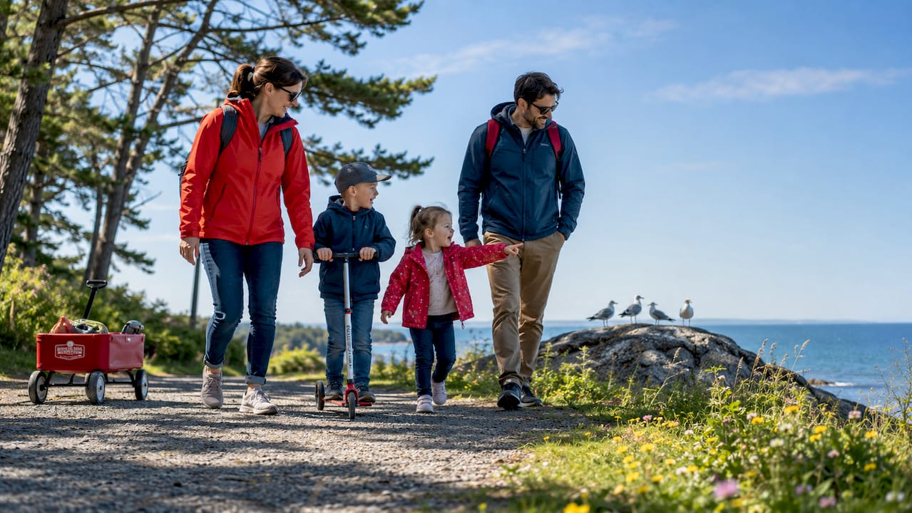 Young family walking safely in neighborhood park