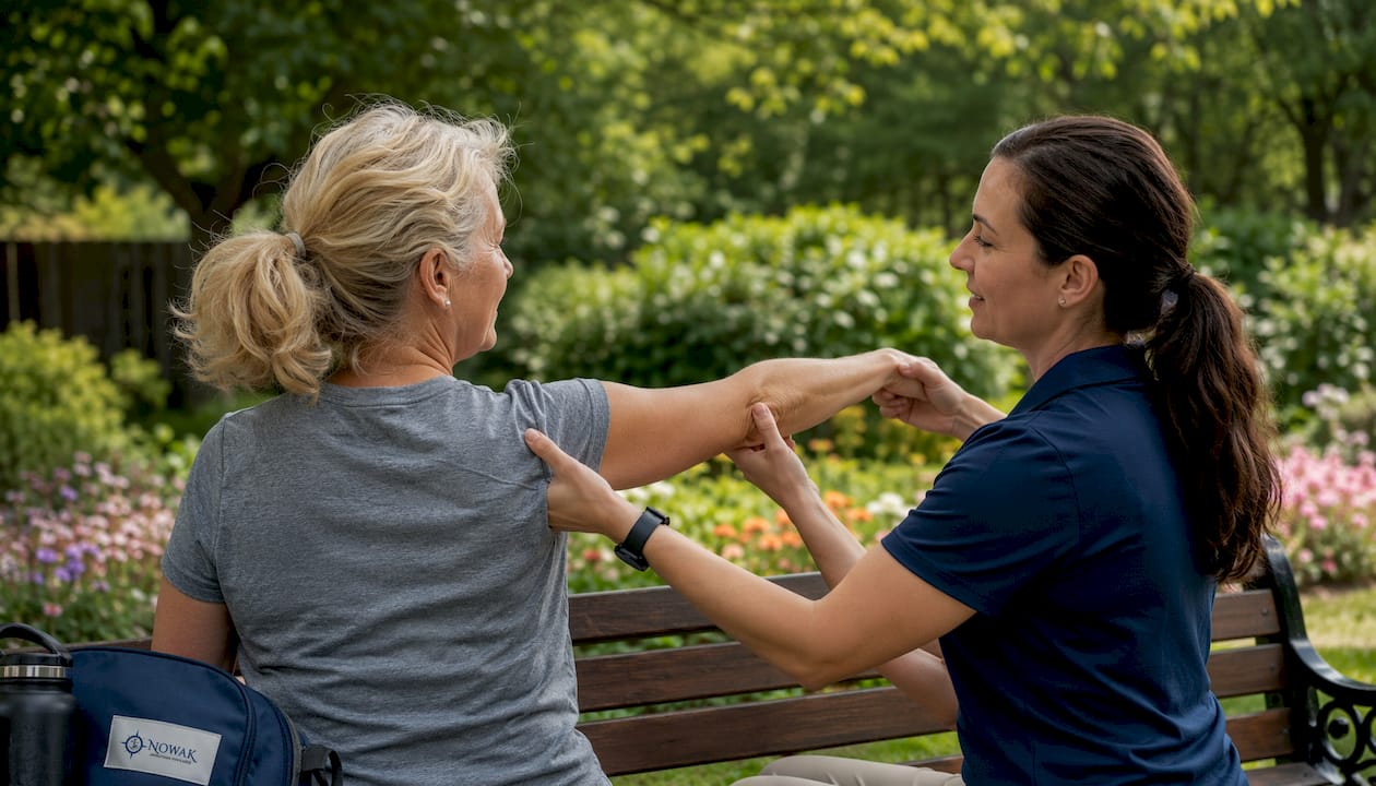 Physical therapist assisting shoulder surgery rehabilitation