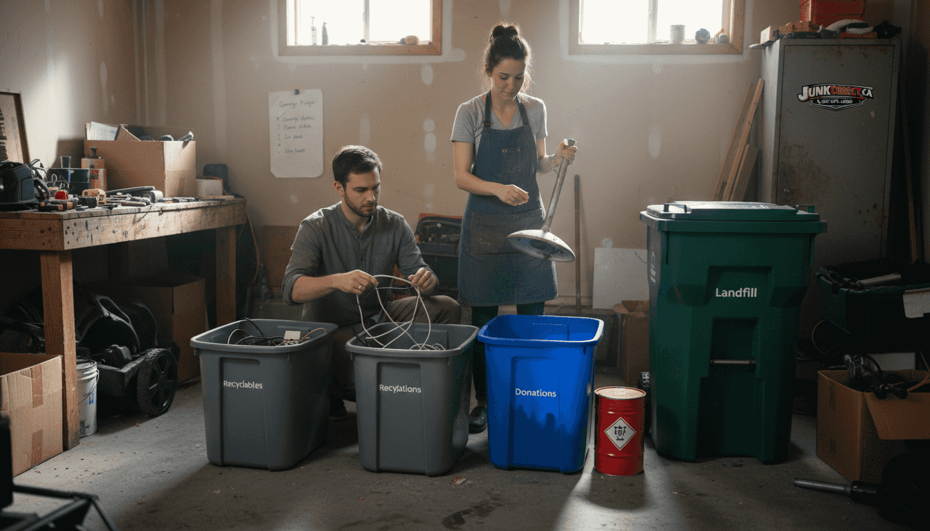 Couple sorting debris in Calgary garage