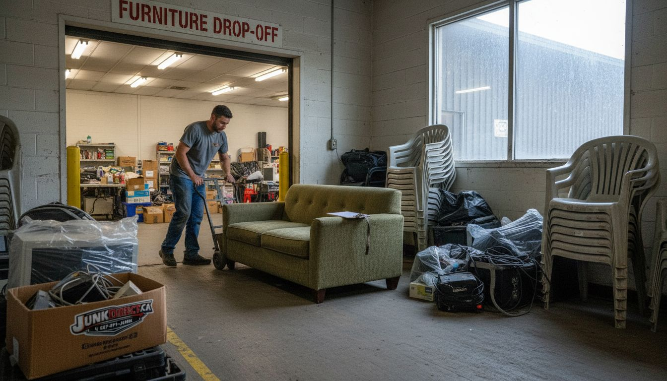 Charity staff sorting donated Calgary furniture