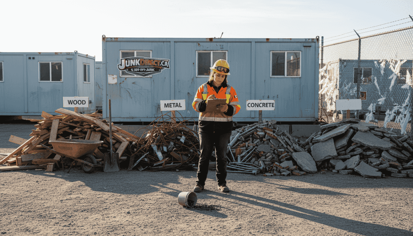 Foreman sorts wood, metal, concrete piles