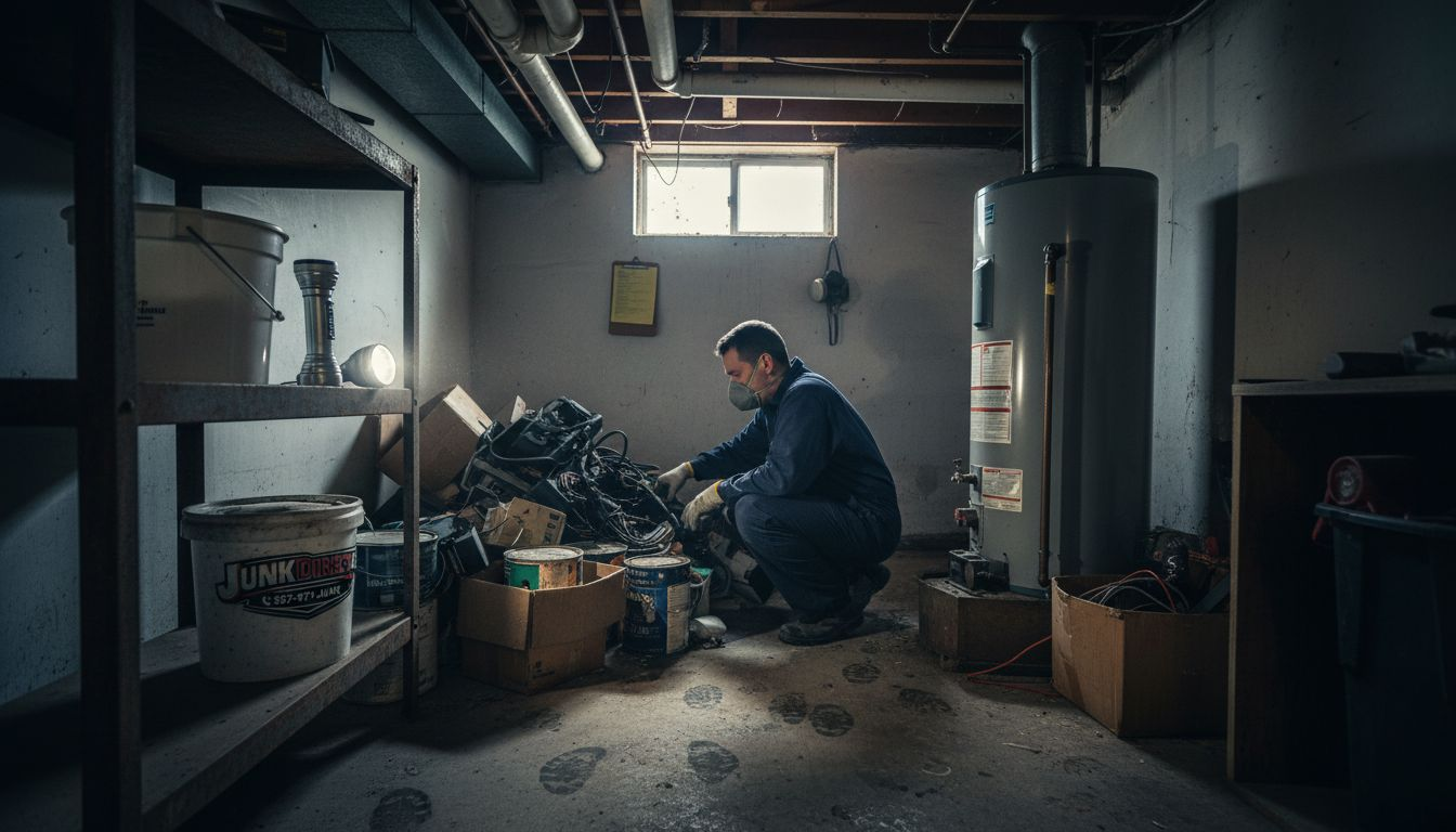 Technician sorting hazardous junk in basement
