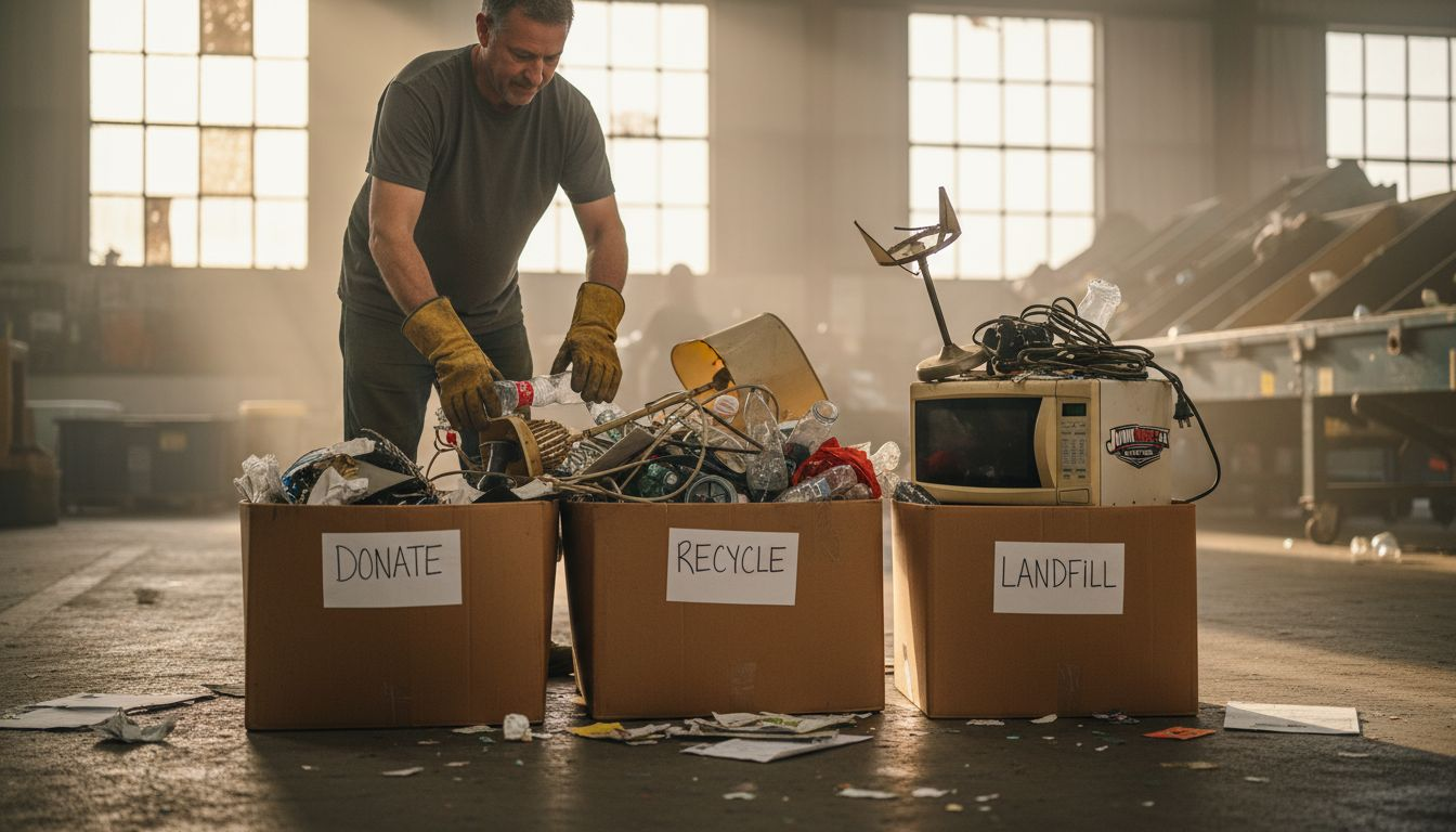 Worker sorts junk into recycle and donate piles