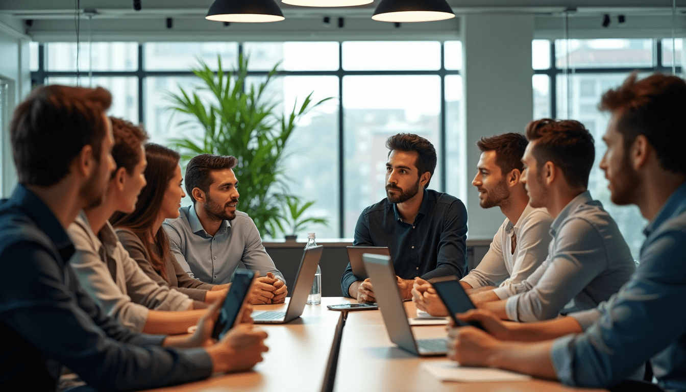 Team collaborates in bright office with smartphones