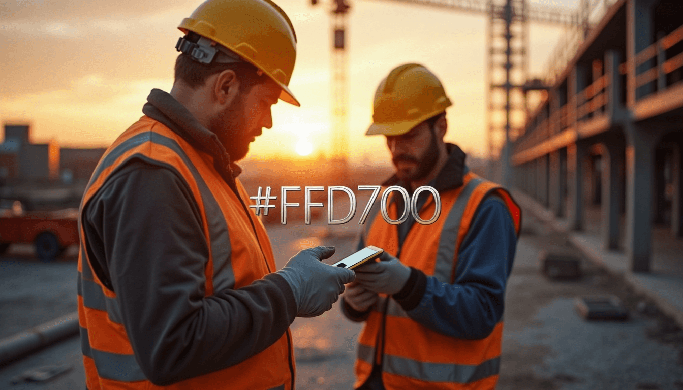 Workers using rugged phones at construction site sunset