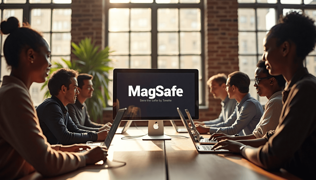Coworkers using MagSafe devices at bright modern office table