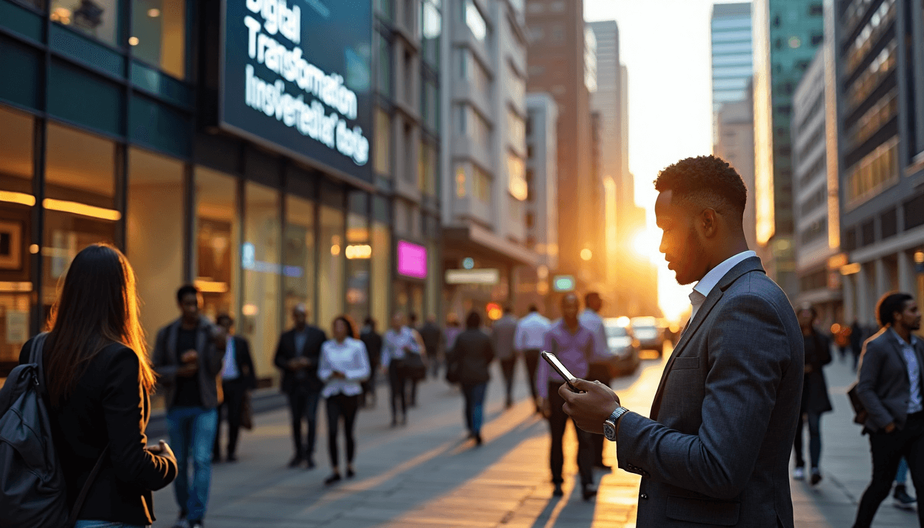 Johannesburg sunrise with busy street and digital billboard showing 'Digital Transformation'