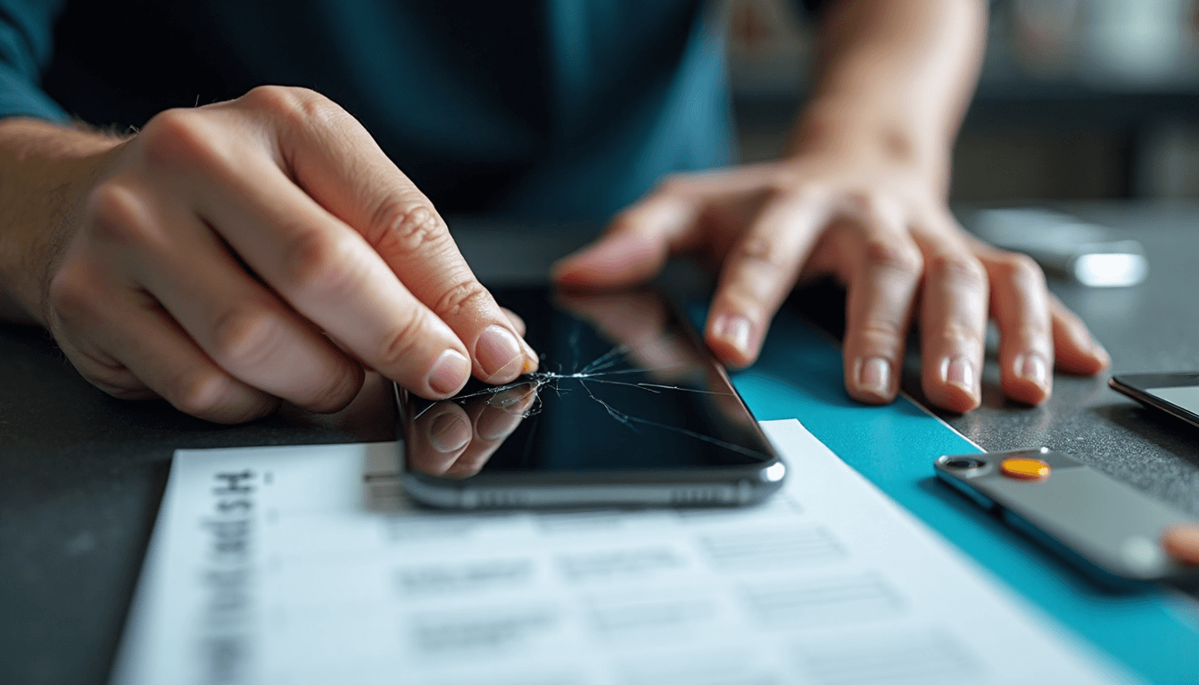 Technician inspecting damaged smartphone with checklist label