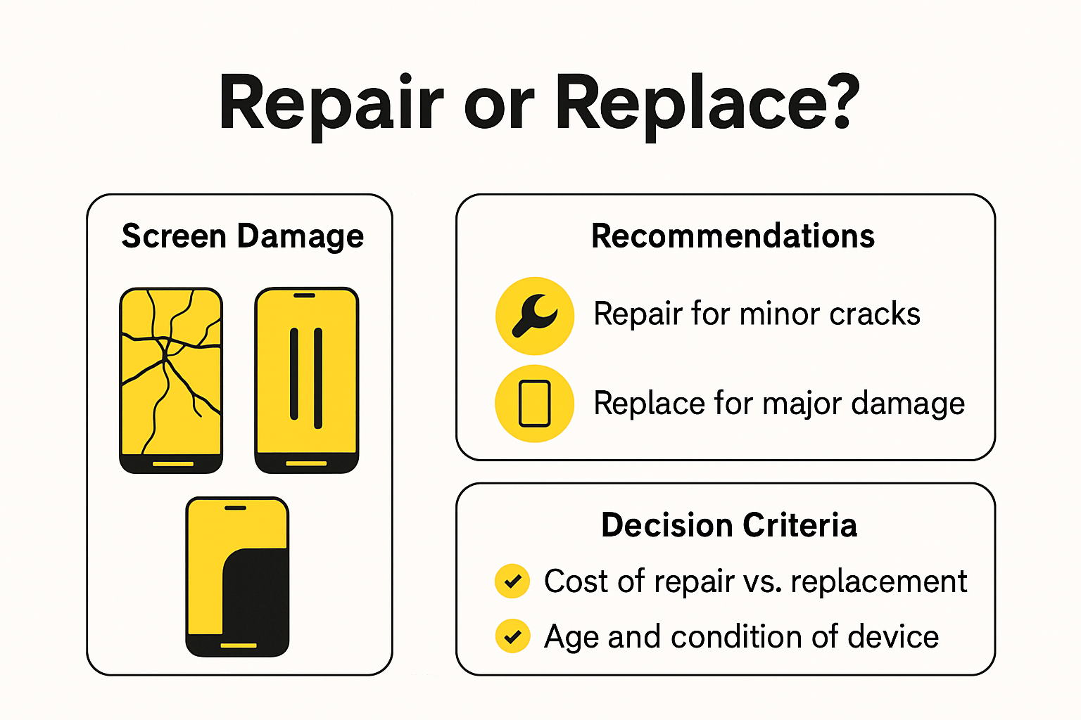 Infographic comparing screen repair versus replacement factors