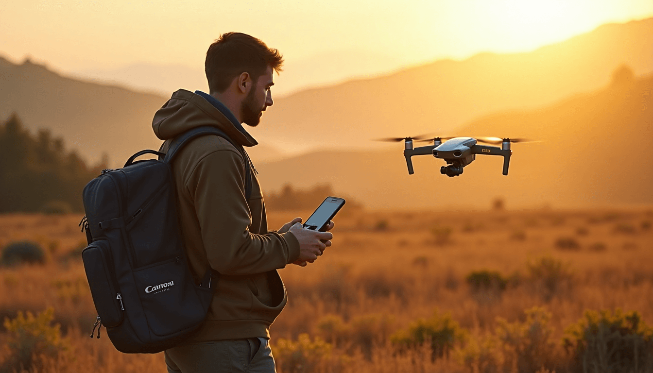 Drone pilot operates high-tech drone during early sunrise