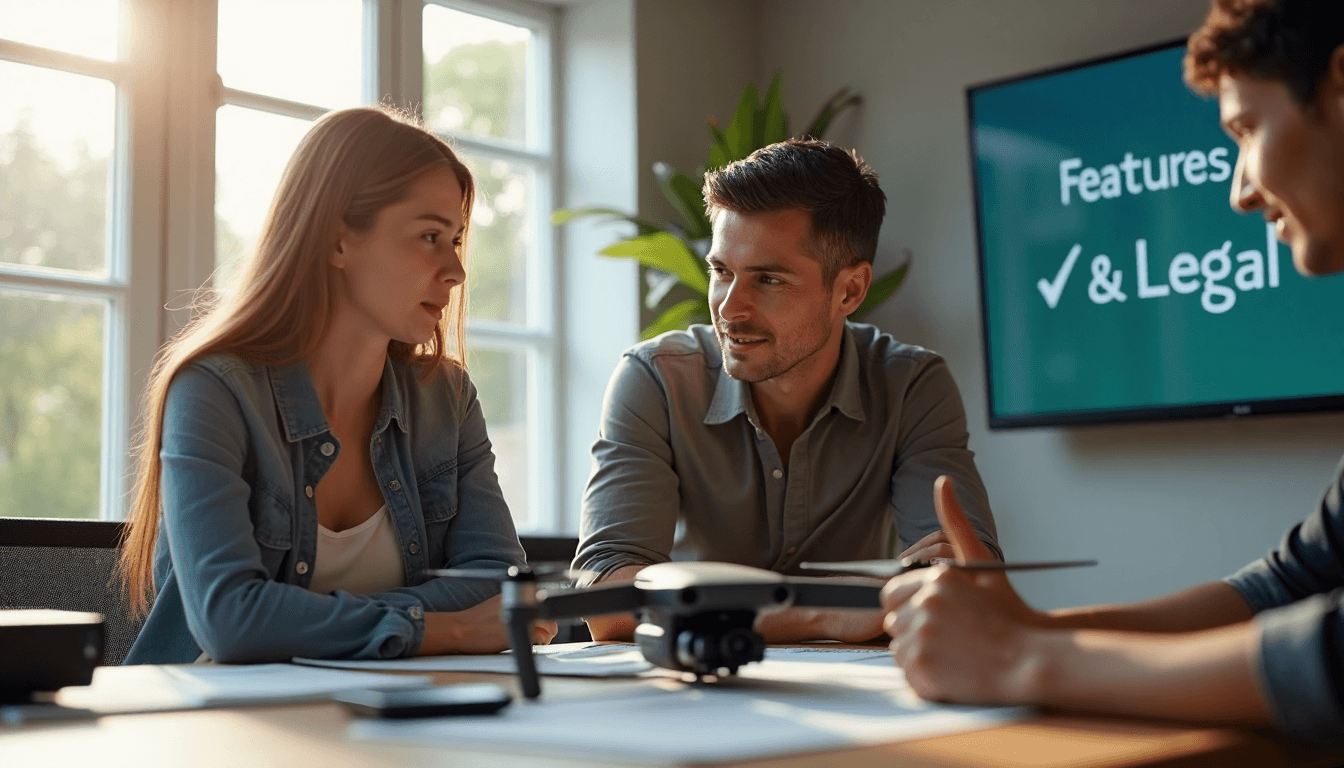 Colleagues discuss drone features and legal checklist in office