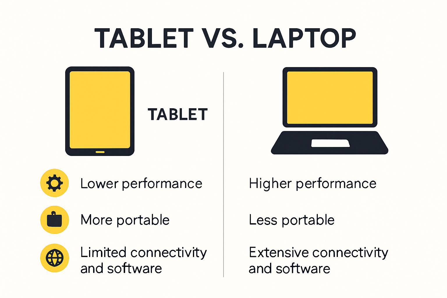 Comparison chart of tablets vs laptops key features for work