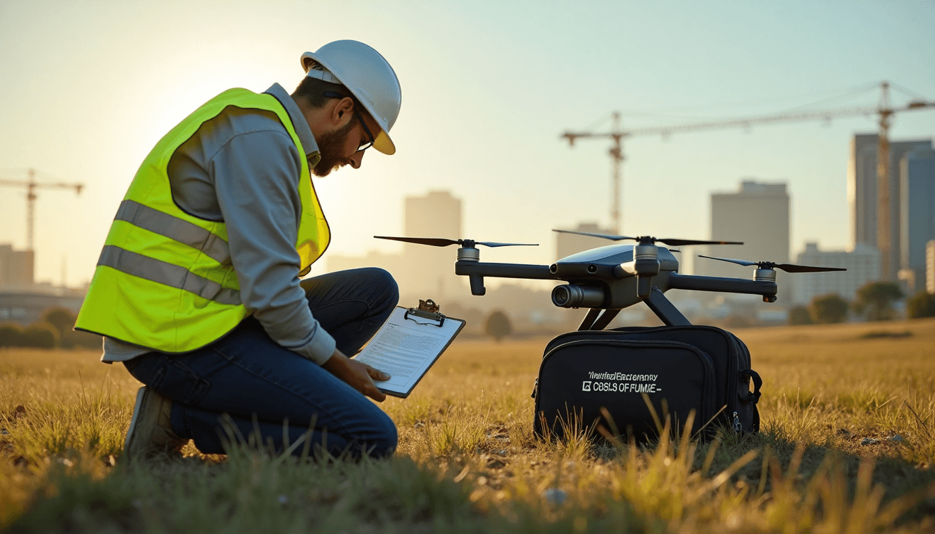 Professional drone operator preparing drone with compliance paperwork in South Africa