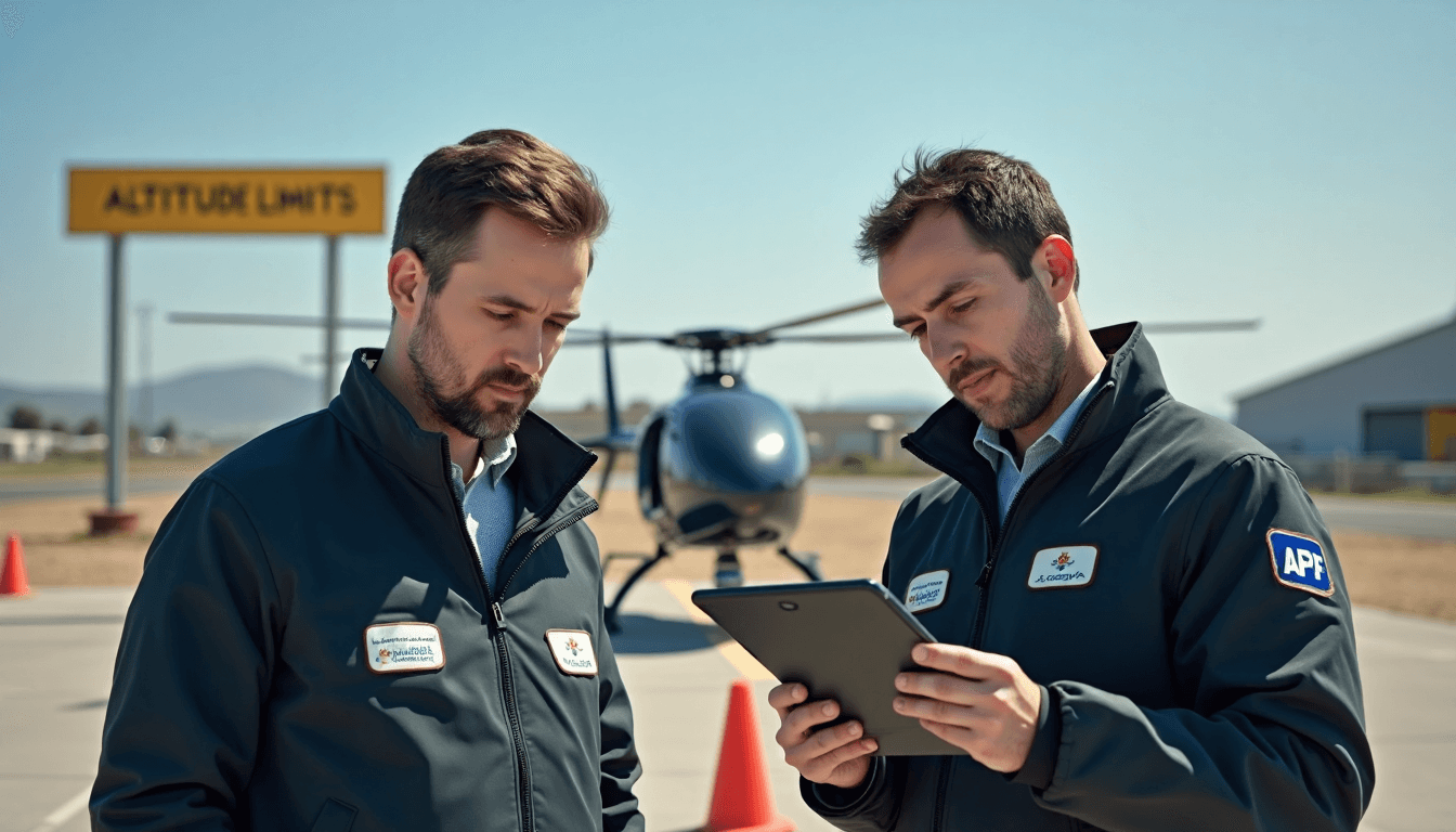 Inspectors checking drone altitude limits near commercial site and helipad