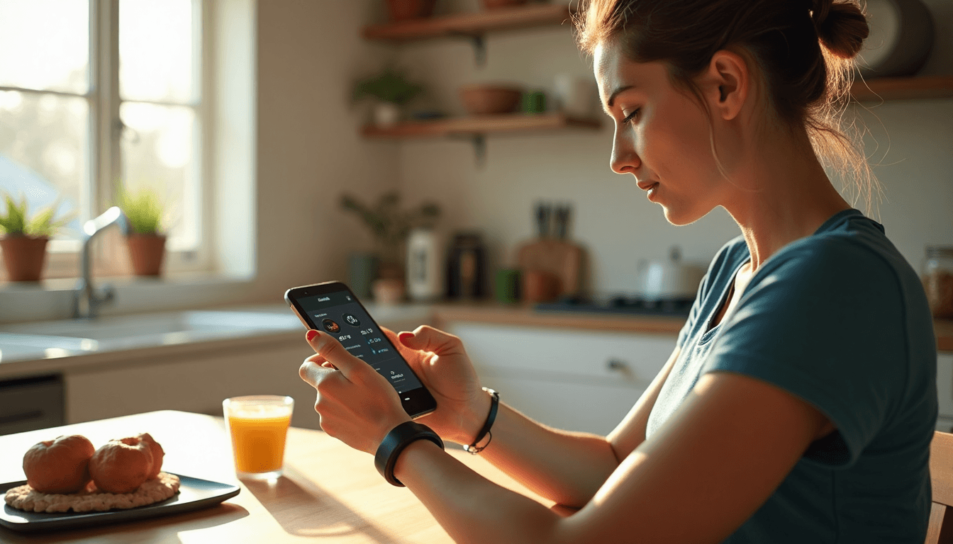 Woman checking Garmin app for heart rate and sleep data