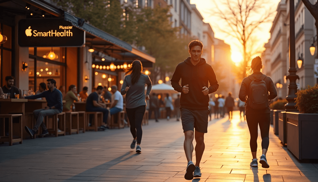 Diverse people using Apple Watches in morning city routines, highlighting smart health focus