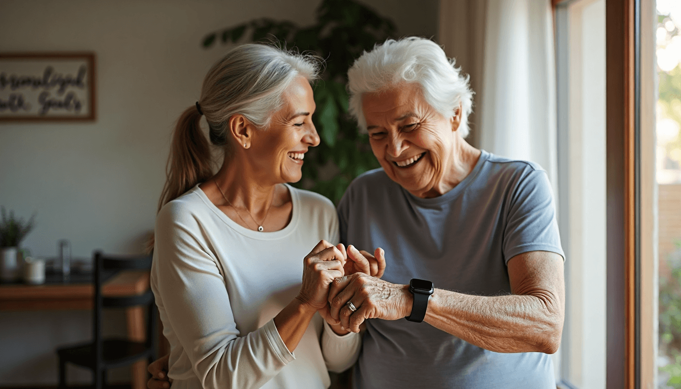 Mother and daughter reviewing Apple Watch personalized fitness rings after home workout