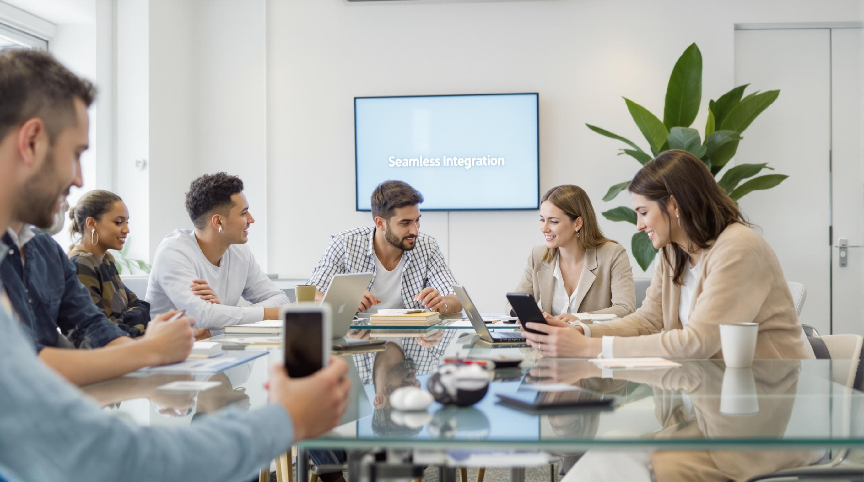 Modern workplace with wireless chargers integrating multiple devices