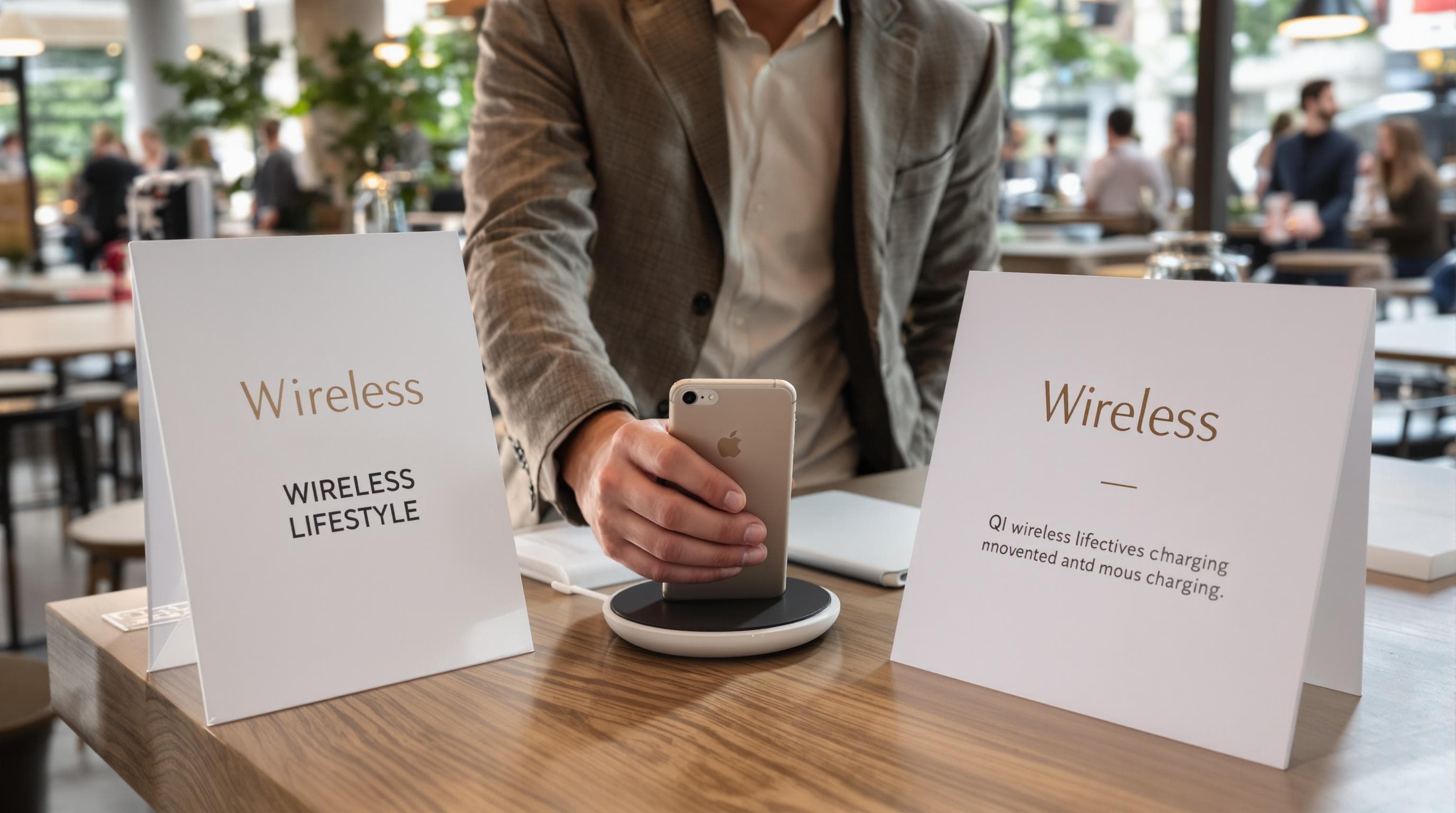 Urban café scene with iPhone SE placed on wireless charger