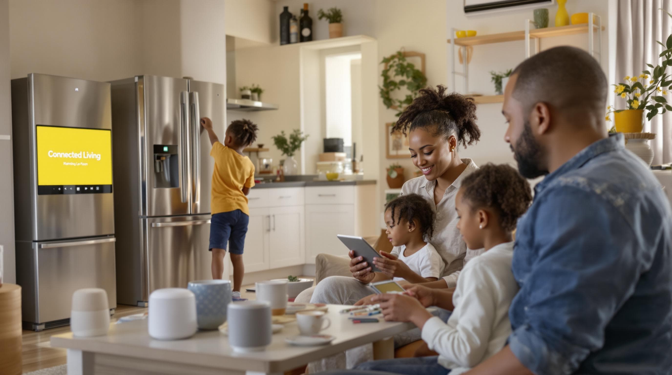 South African family using smart home devices together in living space