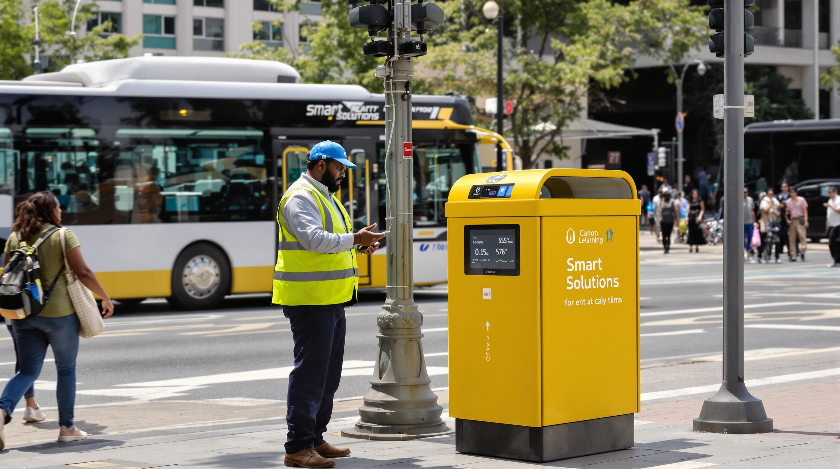 Johannesburg technician inspecting smart waste bin and sensors in city street