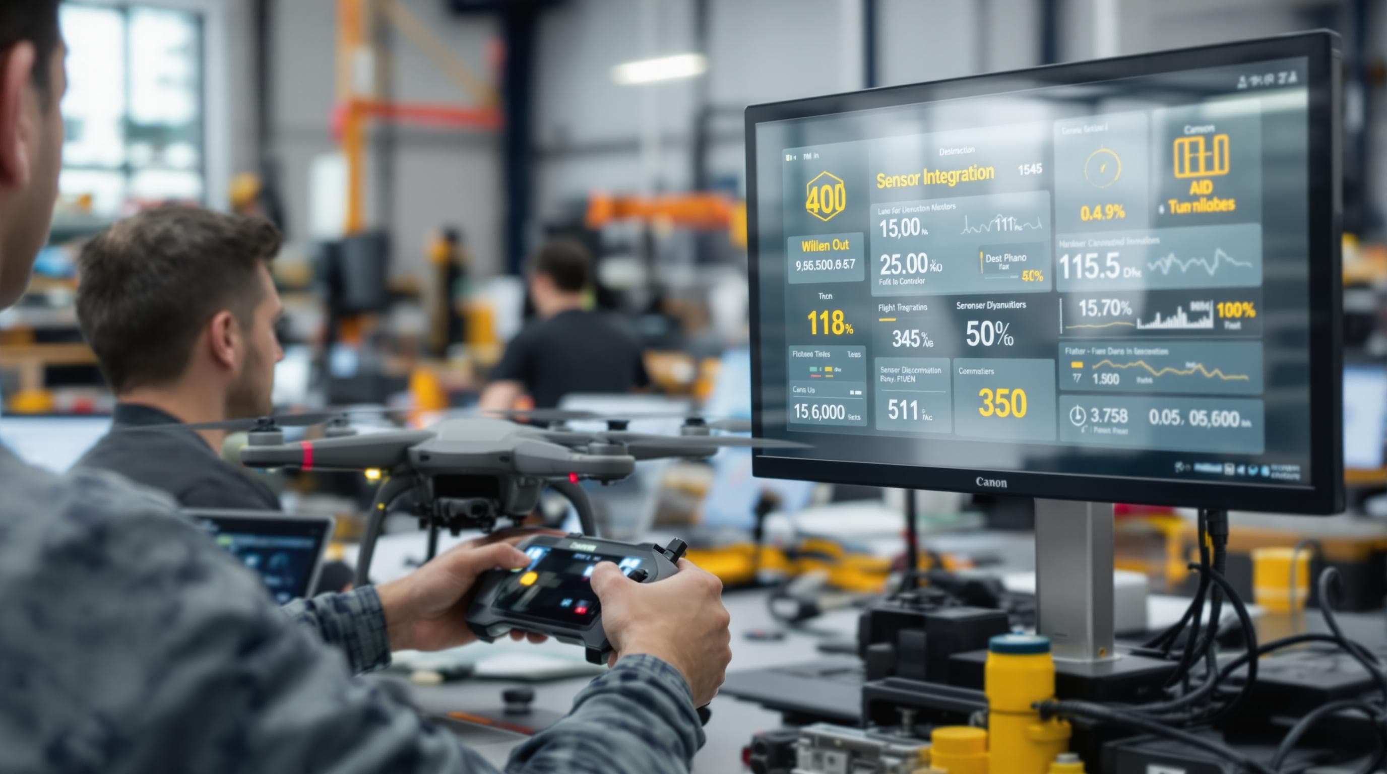 Engineer calibrating drone flight controller in tech workspace