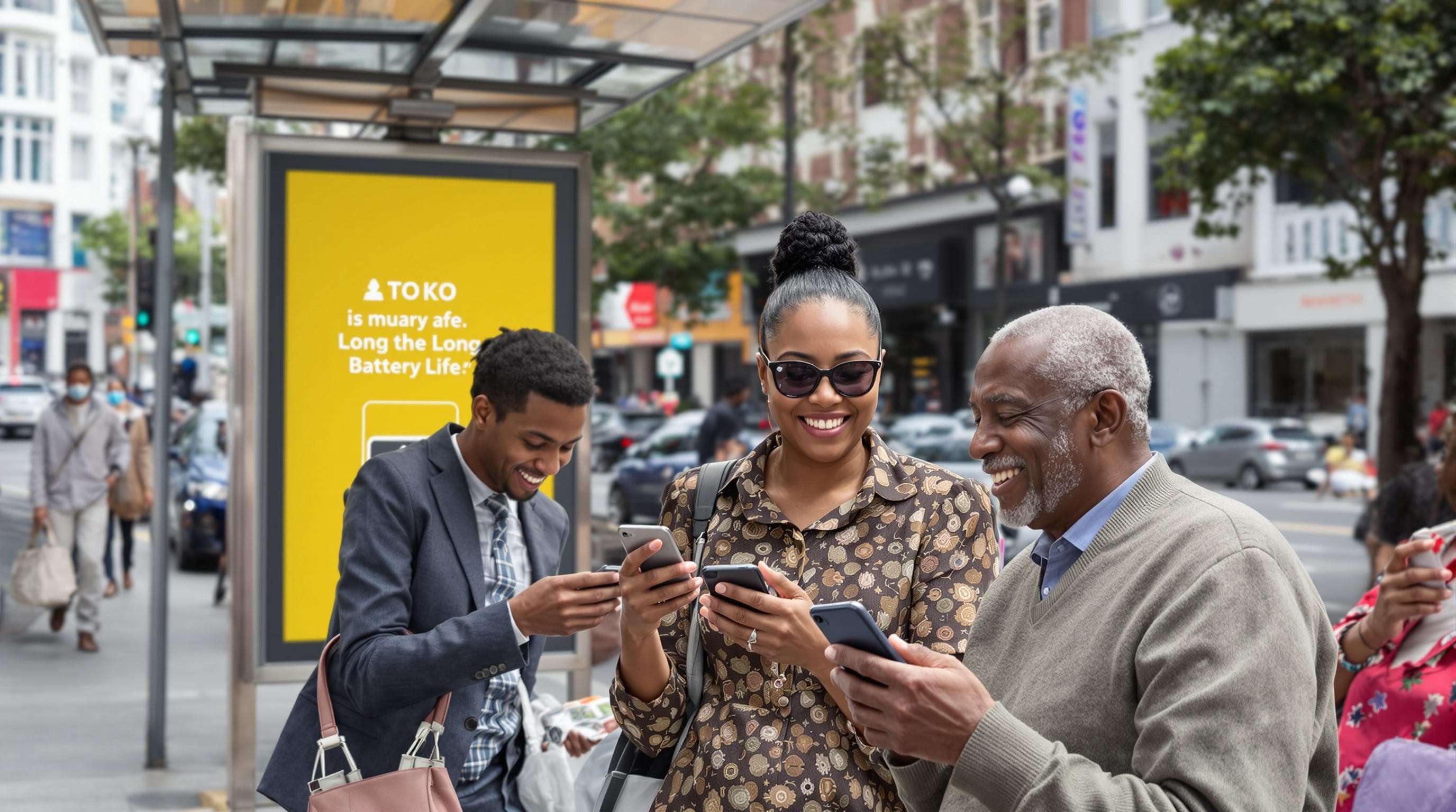 South African professionals and seniors using smartphones with 'Long Battery Life' ad shown