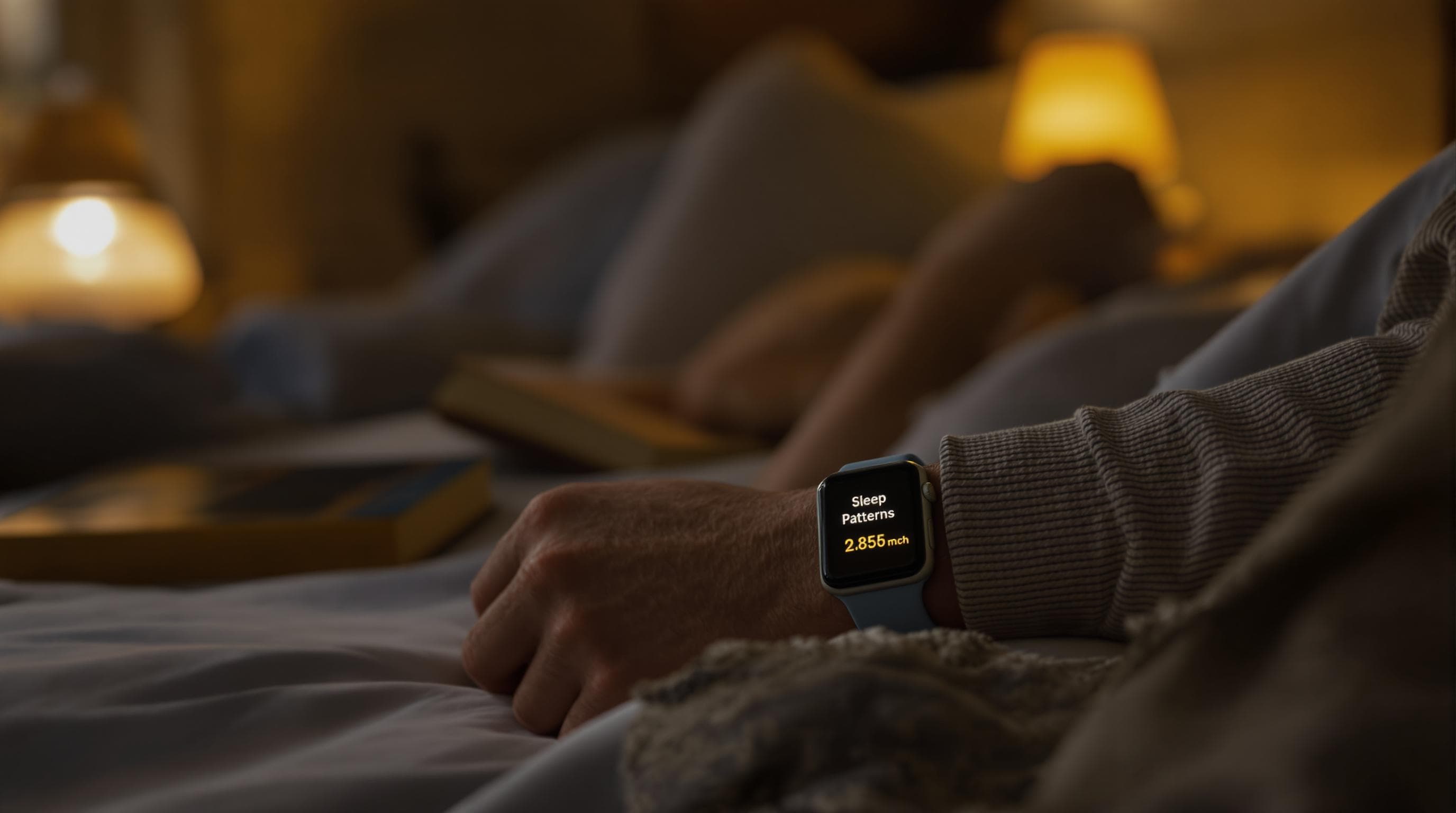 Adult on bed checking detailed sleep patterns on smartwatch at night