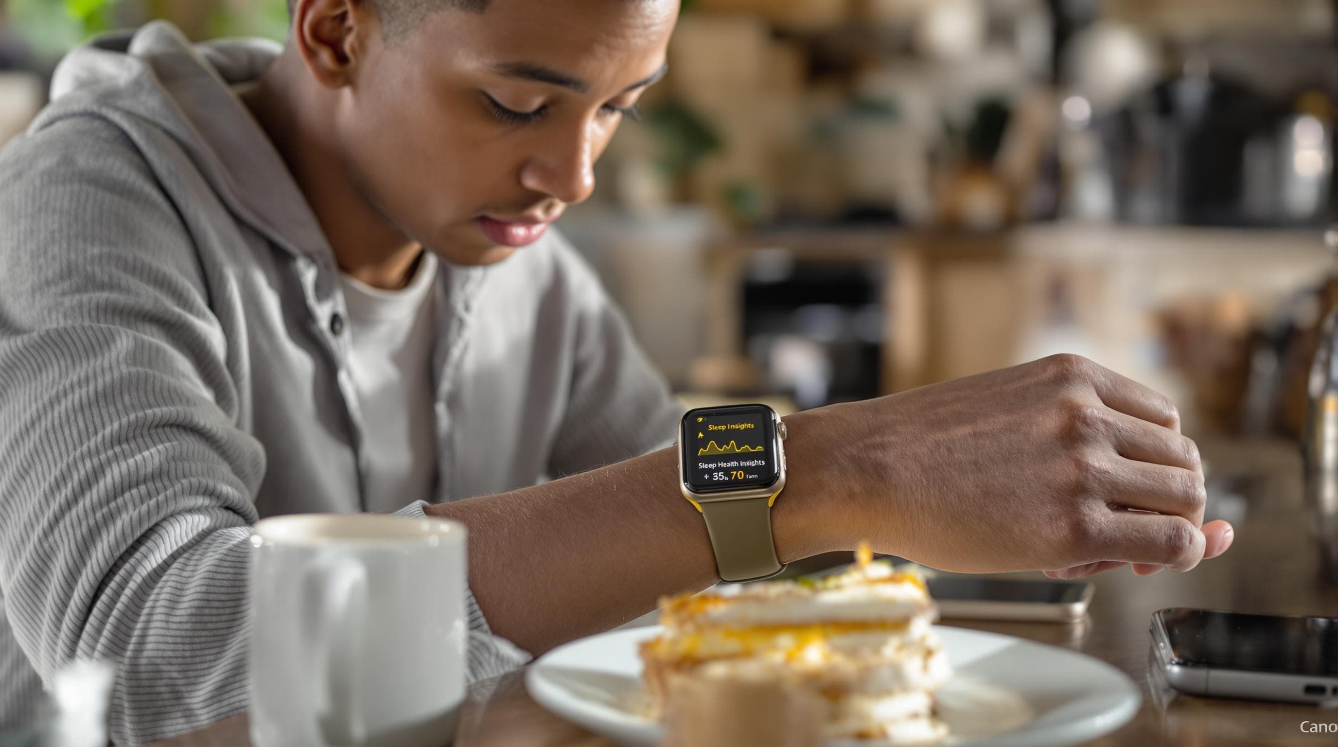 Young South African checking smartwatch sleep report at breakfast table