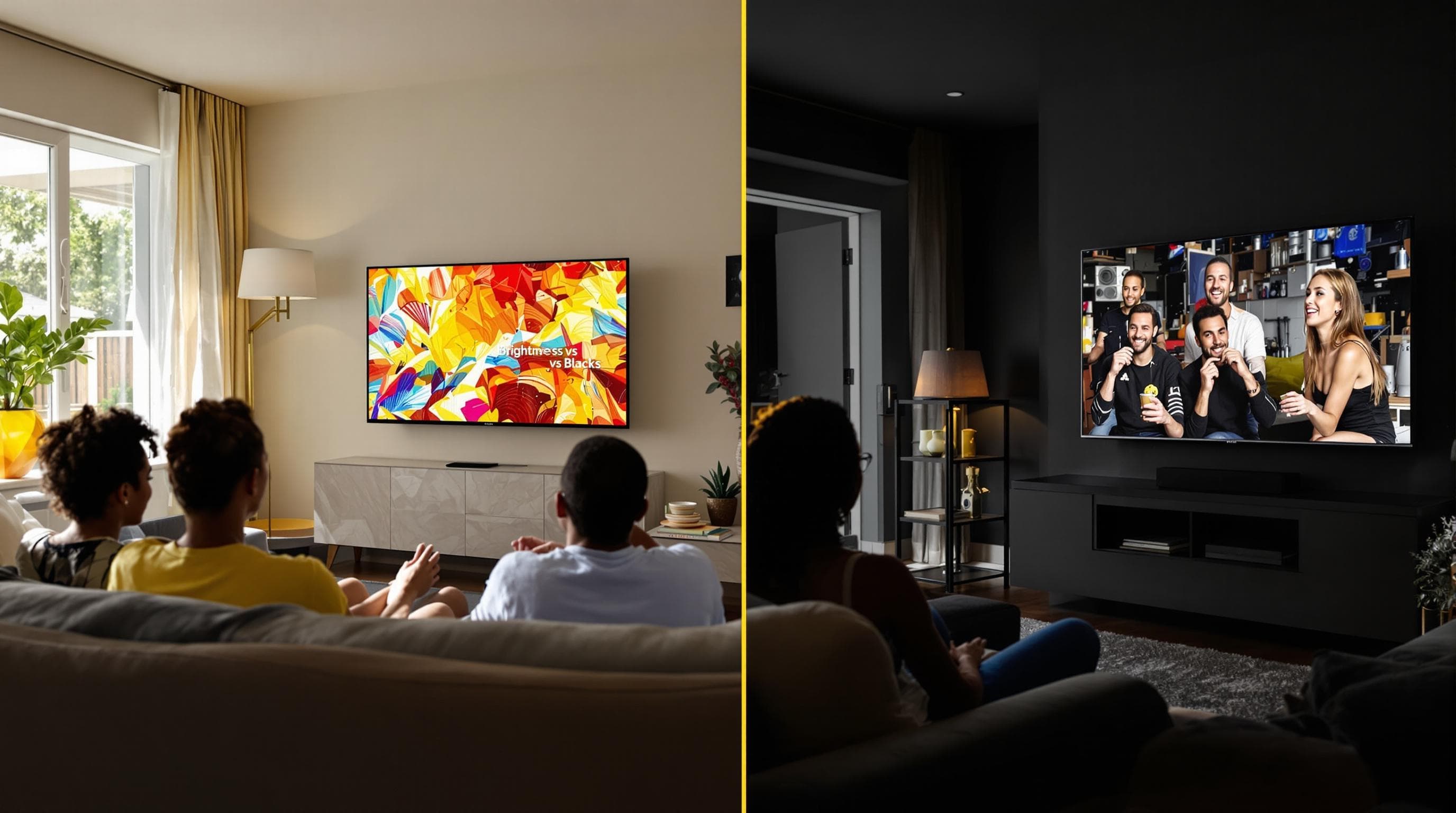 Split scene of QLED in bright room and OLED in dark room