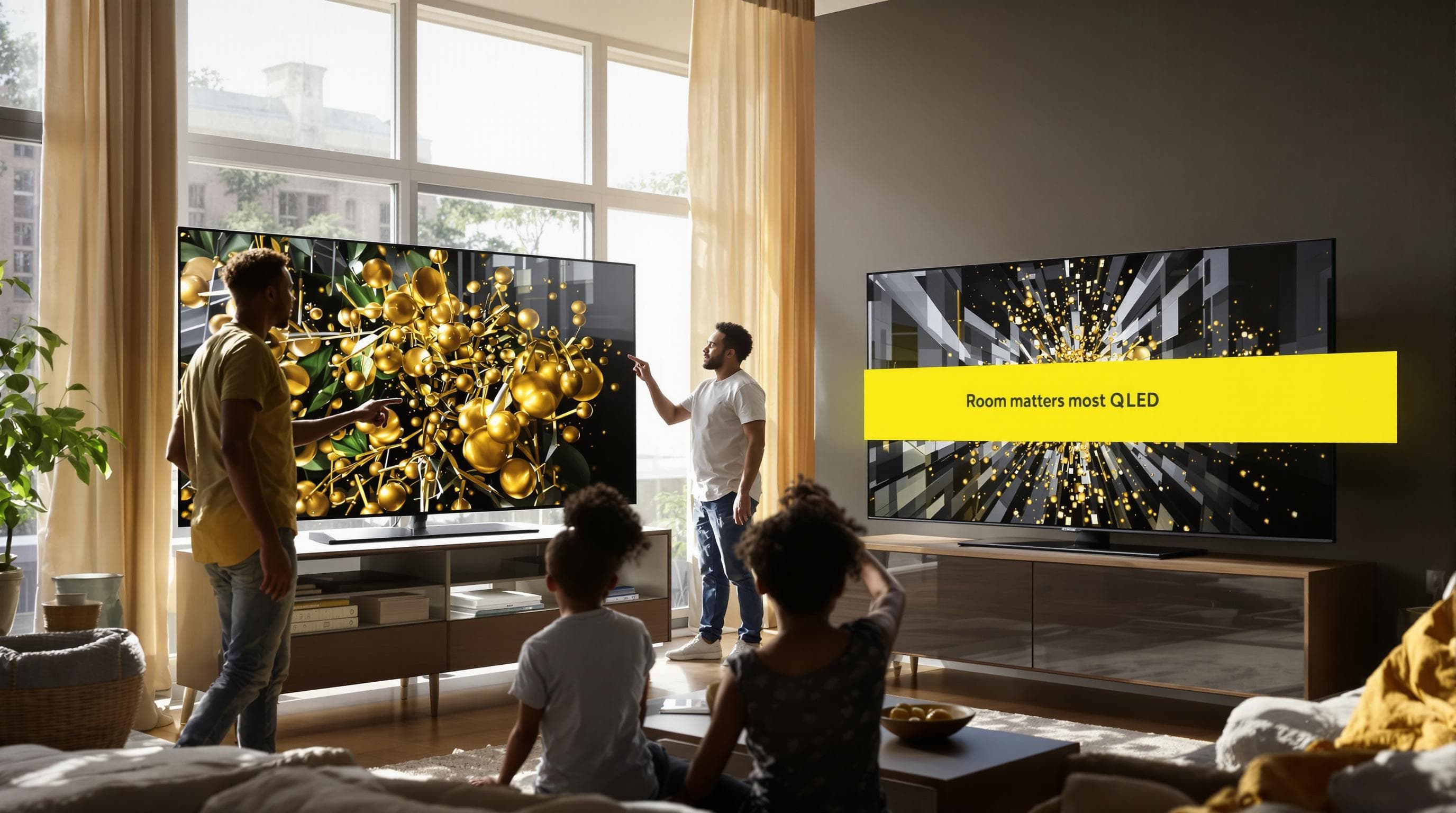 Family compares OLED and QLED TVs in bright living room