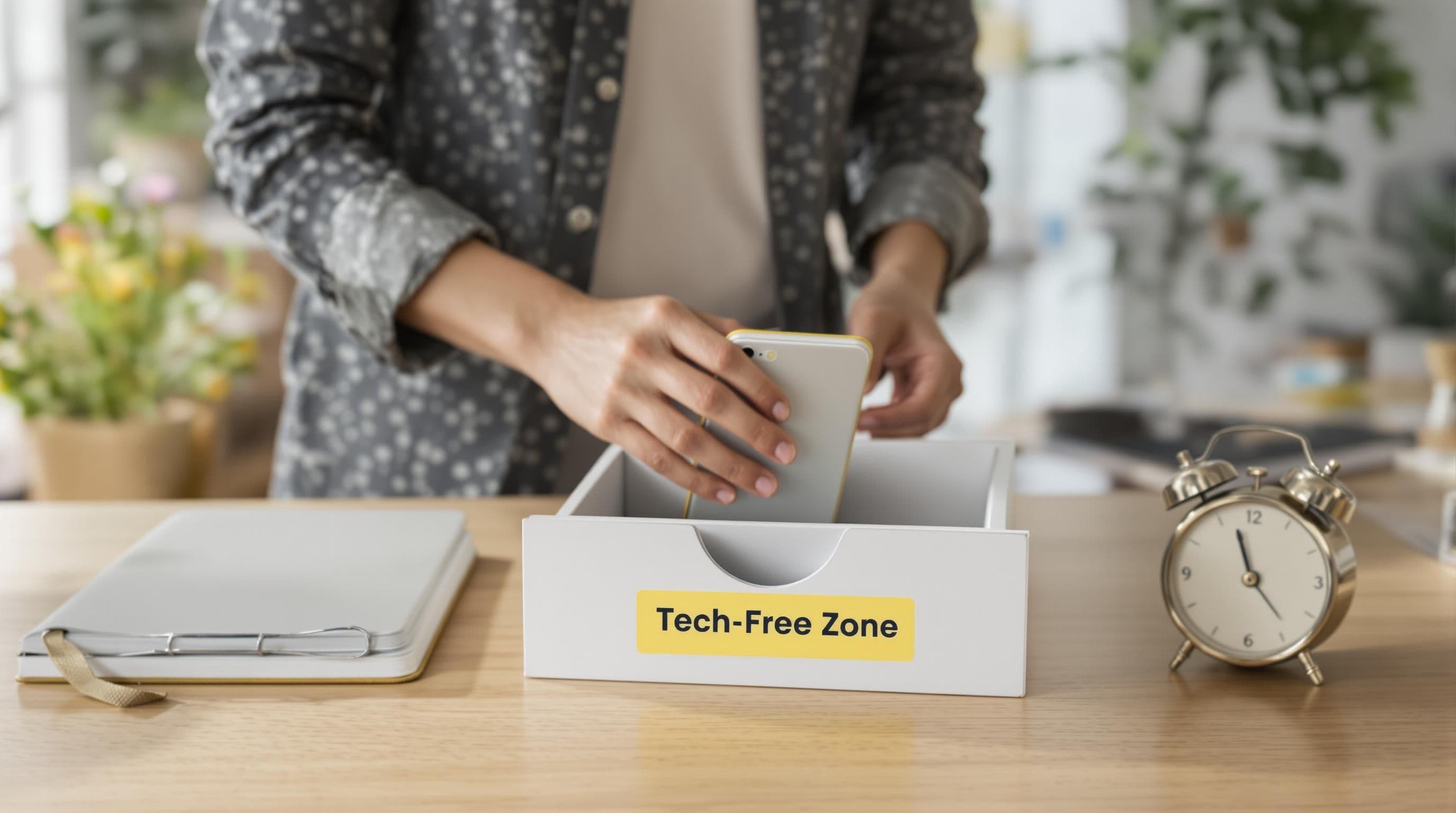 Young professional placing phone in a labeled tech-free drawer to reduce screen use