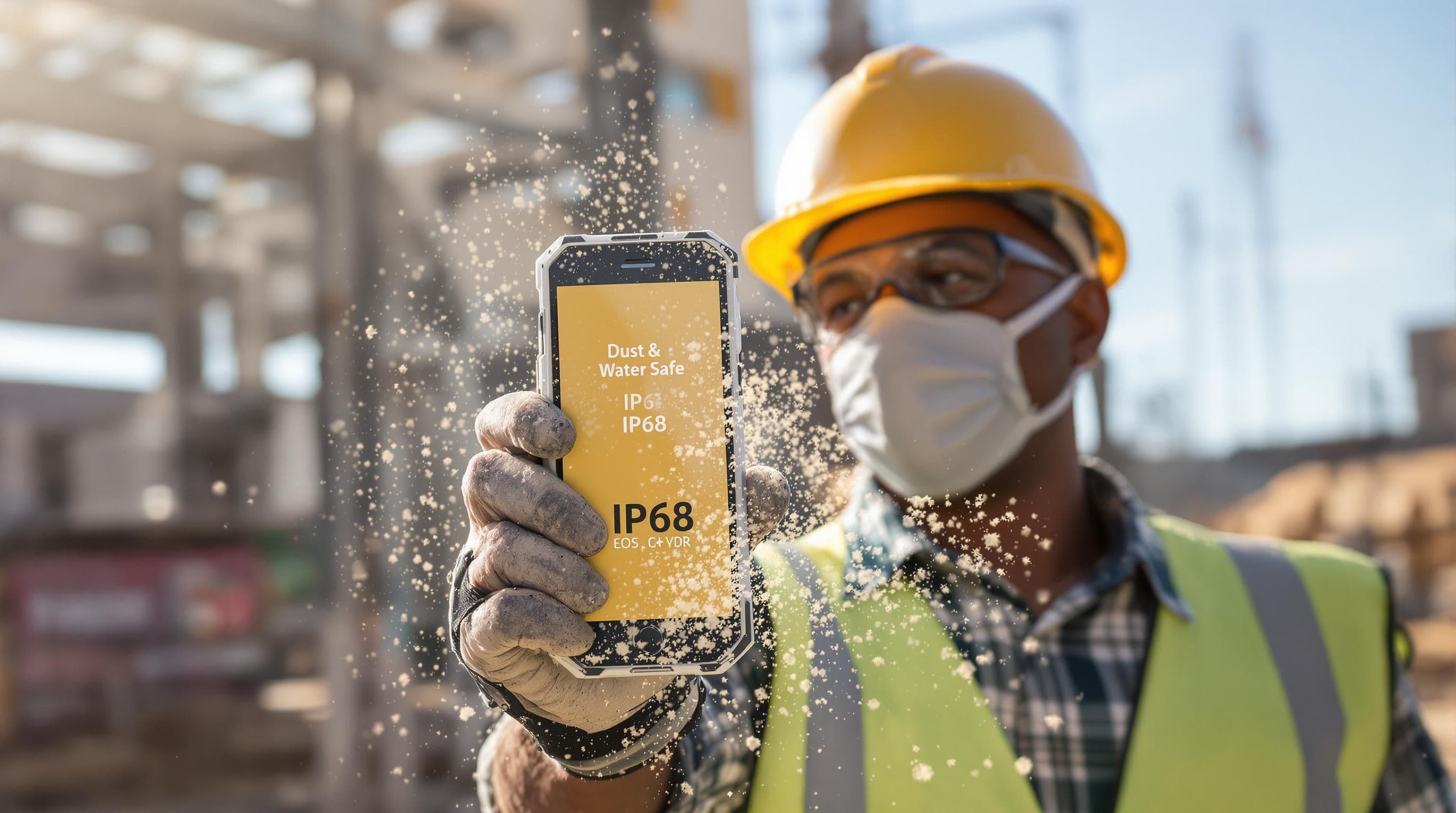 Worker on dusty construction site using protected smartphone