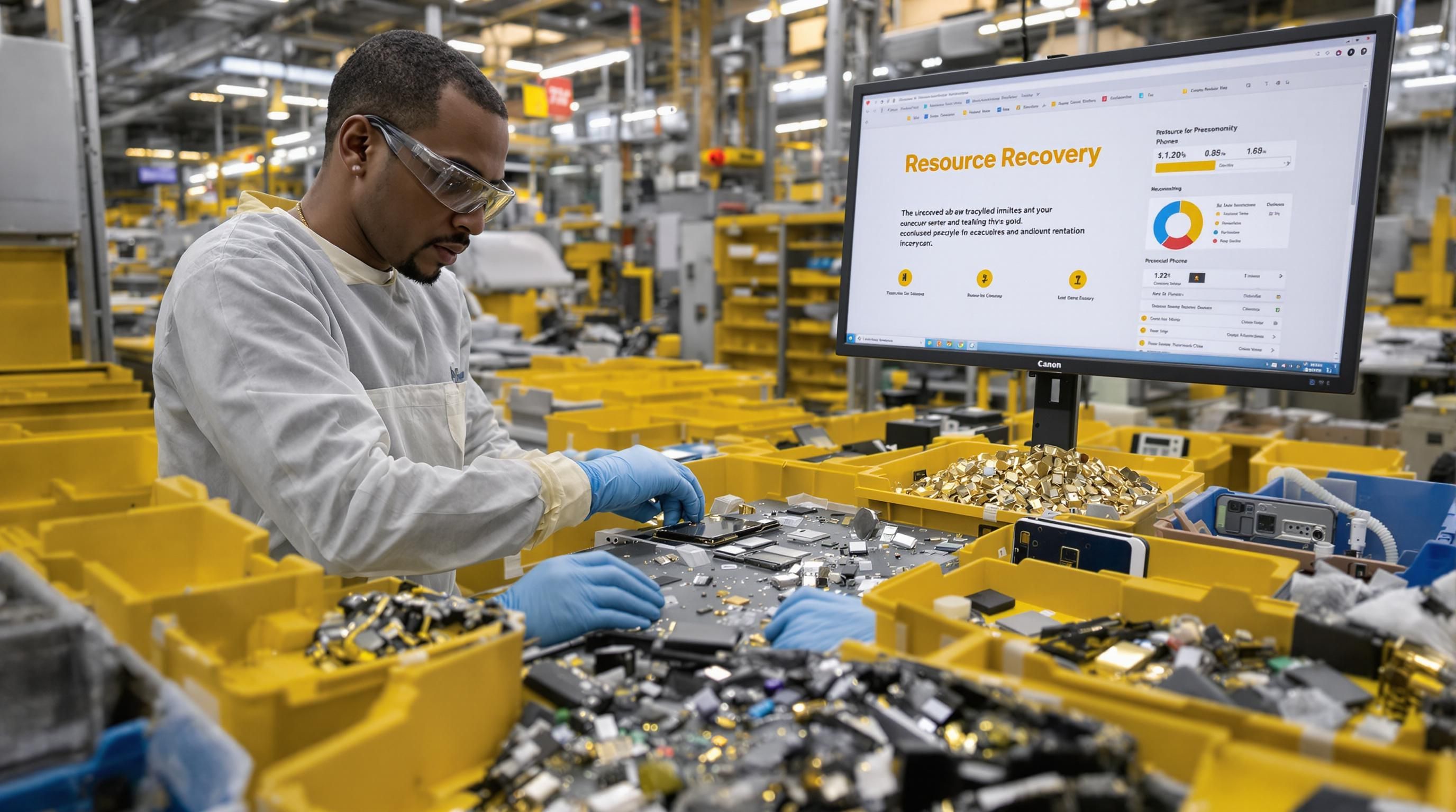 Technician disassembling iPhone, 'Resource Recovery' on screen, showing recycling process.