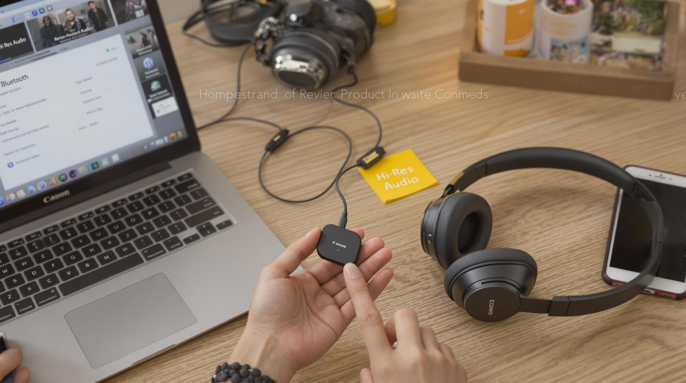 Hand holding Bluetooth receiver with headphones near tech devices