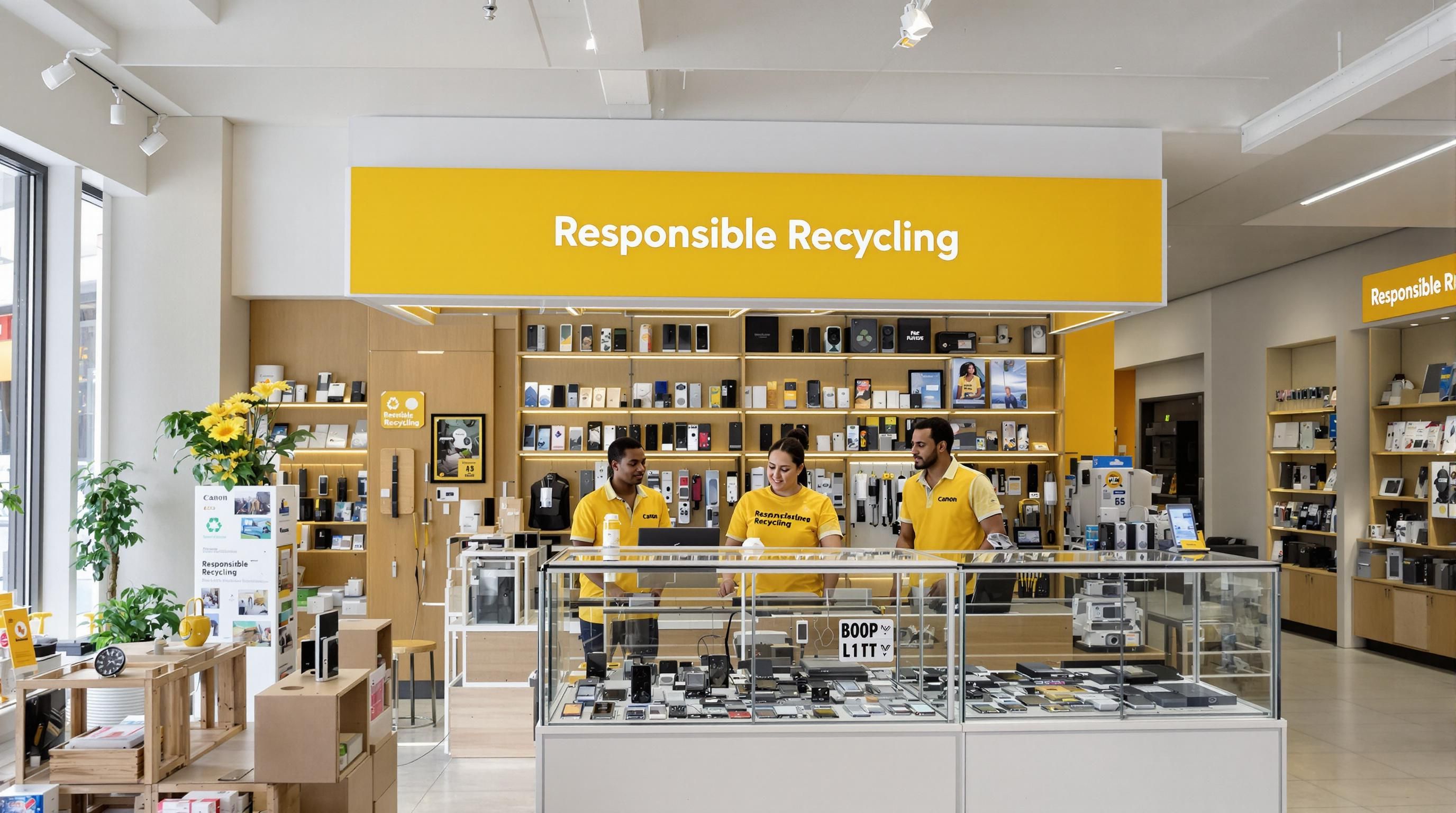 Customer and staff at cellphone recycling station in electronics store
