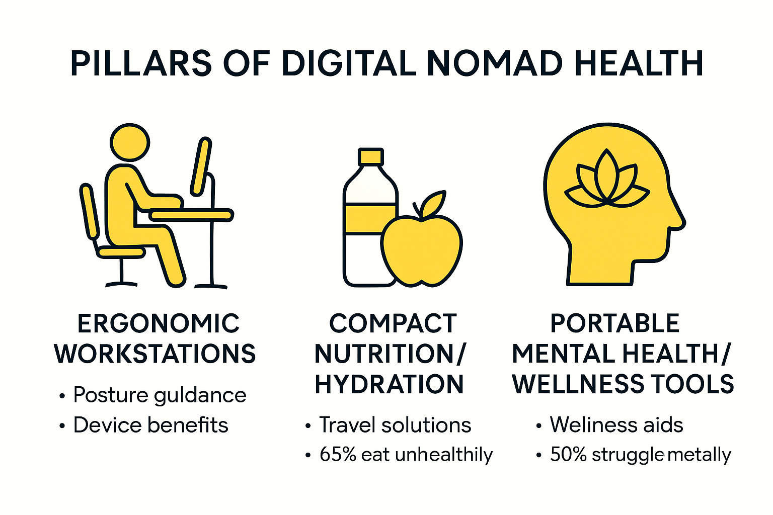 Infographic of ergonomic, nutrition, and wellness essentials for digital nomads
